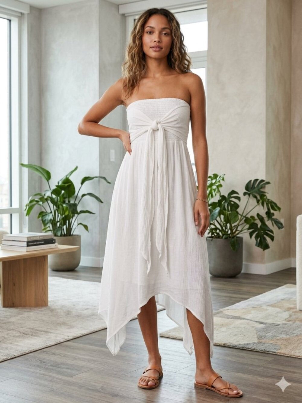 Fairy Style Smocked Strapless Tie-Front‎ Midi Dress White M